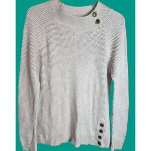 Pendleton Women Sweater Size L Beige Mock Neck Button Shoulder Knit Cotton Blend